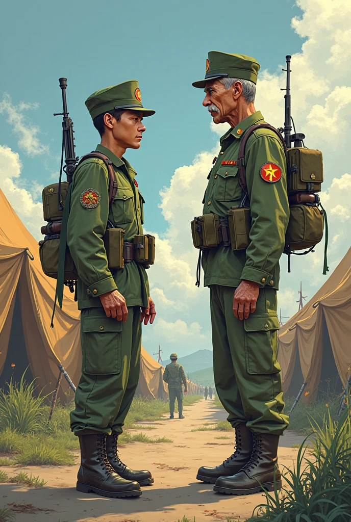Portrait of a man in his 40s、standing、 Half-dead soldier, mouth open, talking、Long body、 、desert background、