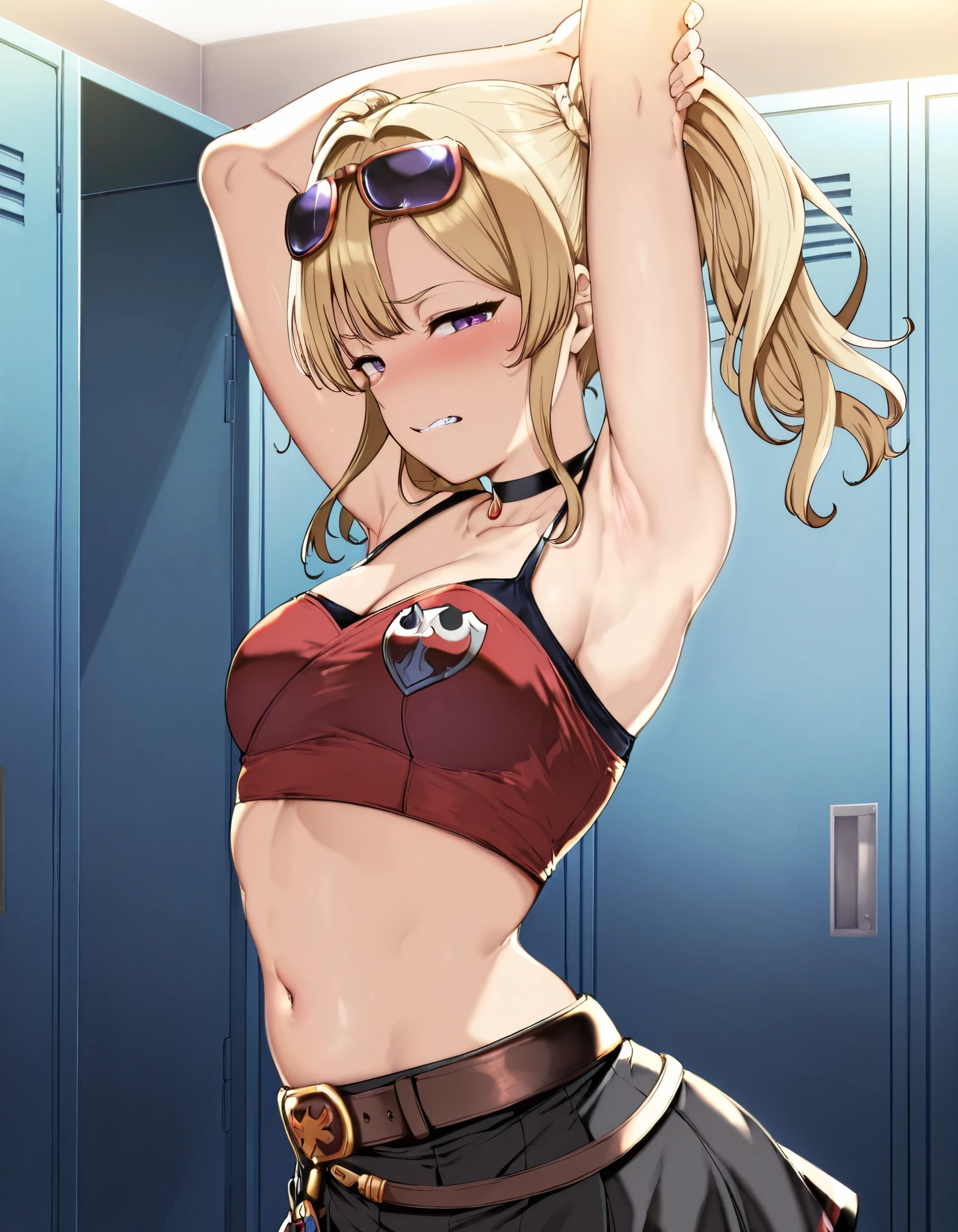 Alp,zetabomber, twintails, eyewear on head, black choker, fingerless gloves, black skirt, sleeveless, strapless, red tubetop, midriff, navel, crop top, belt, skirt,
,BREAK, armpit, arm over head, left arm over head. focus on armpit,
shaded face, ,blush, (narrowed eyes:1.2),\(troubled eyeblows:1.5\), disdaining , (dissapointed:1.1),(clenched teeth), look down at viewer, masterpiece,absurderes, beautiful detailed face,
BREAK, masterpiece,absurderes, beautiful detailed face,(masutepiece:1.2), Best Quality, High resolution, Unity 8k wallpaper, (Illustration:0.8), (Beautiful detailed eyes:1.6), extra detailed face, Perfect Lighting, extremely details CG, (Perfect hands, Perfect Anatomy)
,BREAK,Alp,
,looking at viewer, glare at viewer,
from side,
((masutepiece,hight resolution)), masutepiece, Best Quality, , absurderes, Perfect Skin, Detailed skin texture, ultra-detailliert, 8K, Intricate details, beautifull detailed face,hight resolution, 1girl ,from front,
indoors,locker room