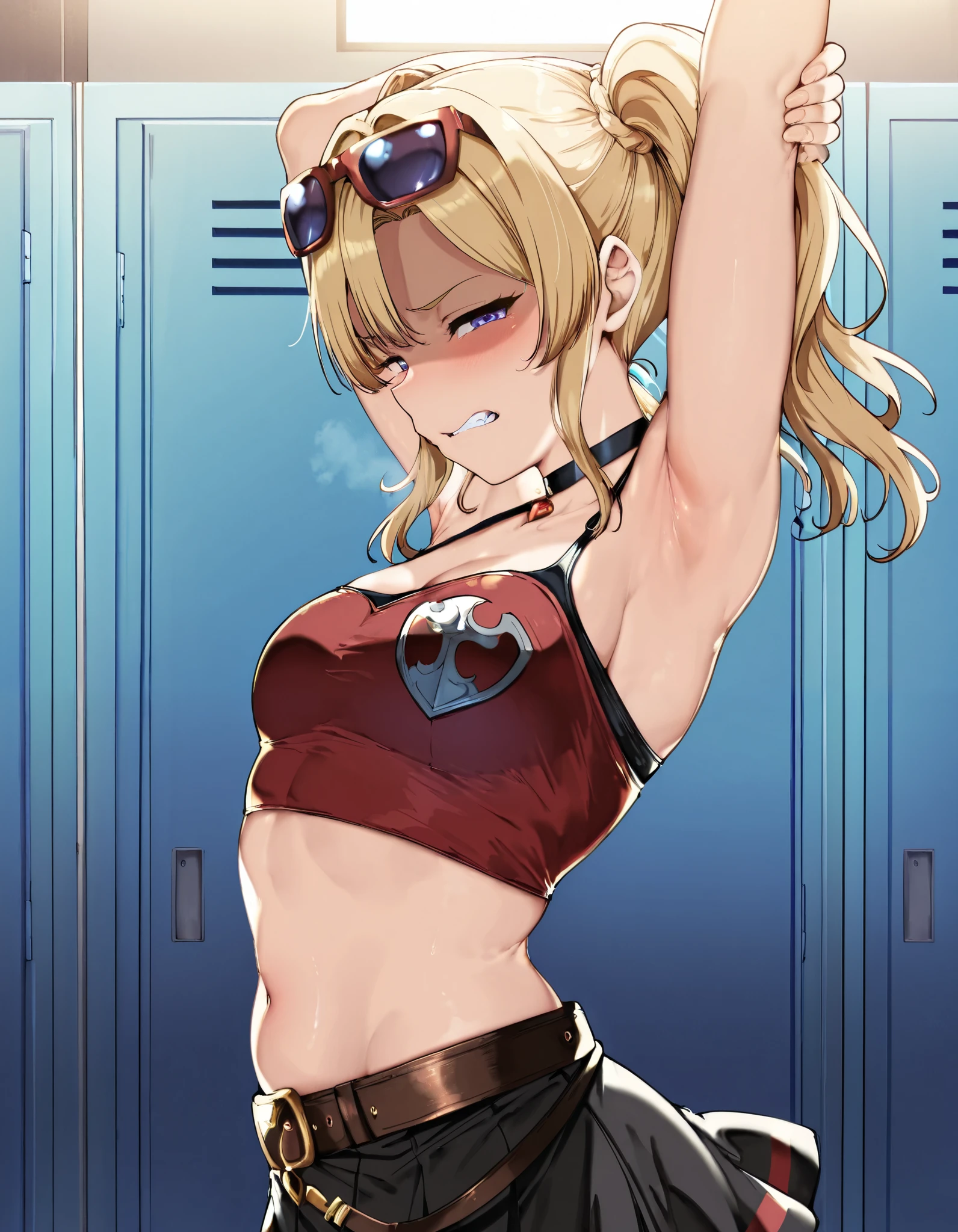 Alp,zetabomber, twintails, eyewear on head, black choker, fingerless gloves, black skirt, sleeveless, strapless, red tubetop, midriff, navel, crop top, belt, skirt,
,BREAK, armpit, arm over head, left arm over head. focus on armpit,
shaded face, ,blush, (narrowed eyes:1.2),\(troubled eyeblows:1.5\), disdaining , (dissapointed:1.1),(clenched teeth), look down at viewer, masterpiece,absurderes, beautiful detailed face,
BREAK, masterpiece,absurderes, beautiful detailed face,(masutepiece:1.2), Best Quality, High resolution, Unity 8k wallpaper, (Illustration:0.8), (Beautiful detailed eyes:1.6), extra detailed face, Perfect Lighting, extremely details CG, (Perfect hands, Perfect Anatomy)
,BREAK,Alp,
,looking at viewer, glare at viewer,
from side,
((masutepiece,hight resolution)), masutepiece, Best Quality, , absurderes, Perfect Skin, Detailed skin texture, ultra-detailliert, 8K, Intricate details, beautifull detailed face,hight resolution, 1girl ,from front,
indoors,locker room