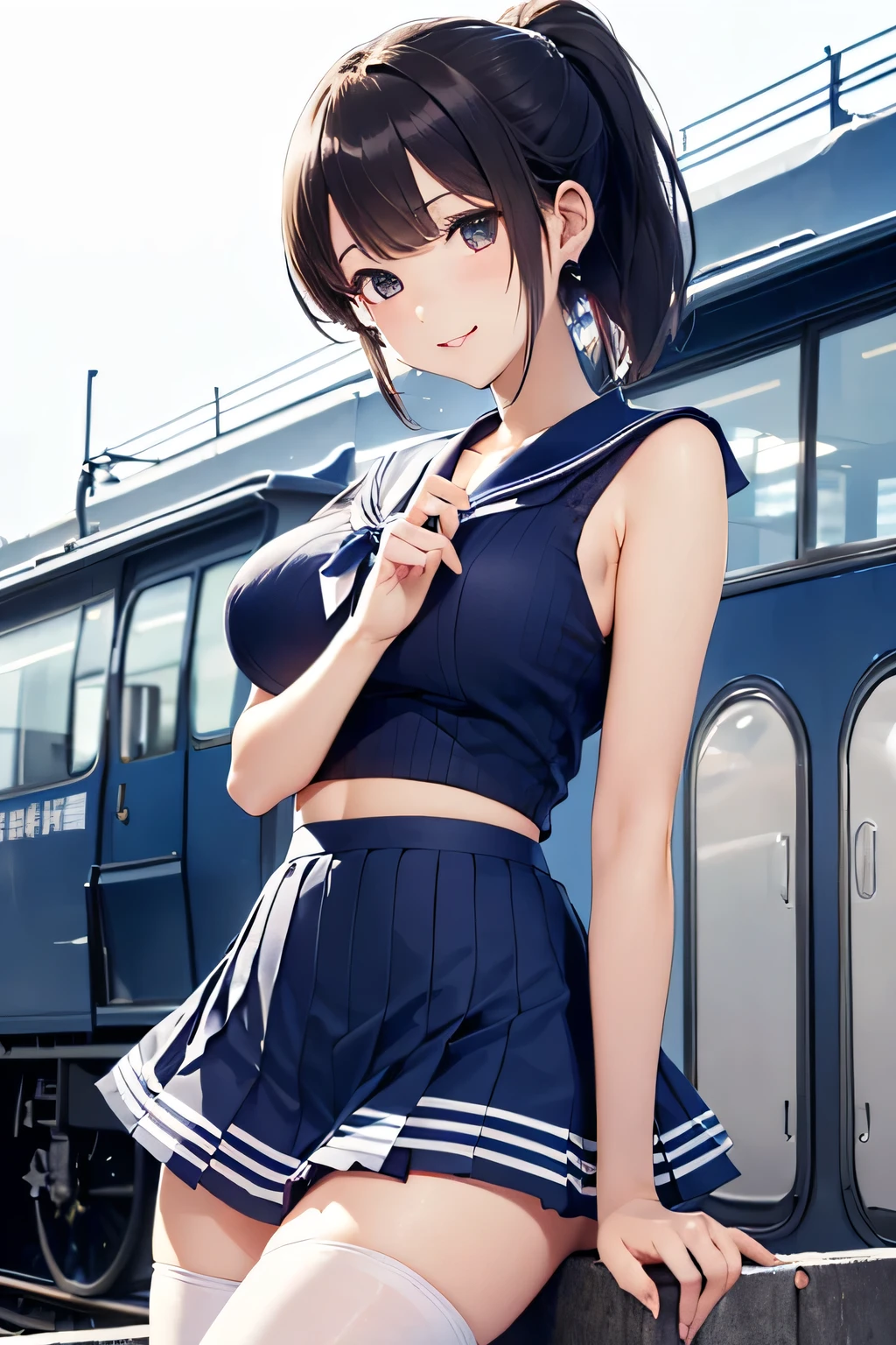 Top Quality、high resolution、(high image quality:1.4)、masterpiece、detailed background、beautiful face in every detail、(very detailed face:1.3)、anatomically correct、(Normal number of fingers:1.3)、age beauty、(huge breasts:1.2)、perfect body line、Bright-colored hair、Braided bob cut、ponytail、navy blue sailor suit、white sailor color、dark blue pleated skirt、white pantyhose、big smiles、station platform、(station platformで電車を待つ2人の美少女:1.5)、Playfully hugging each other 、cute