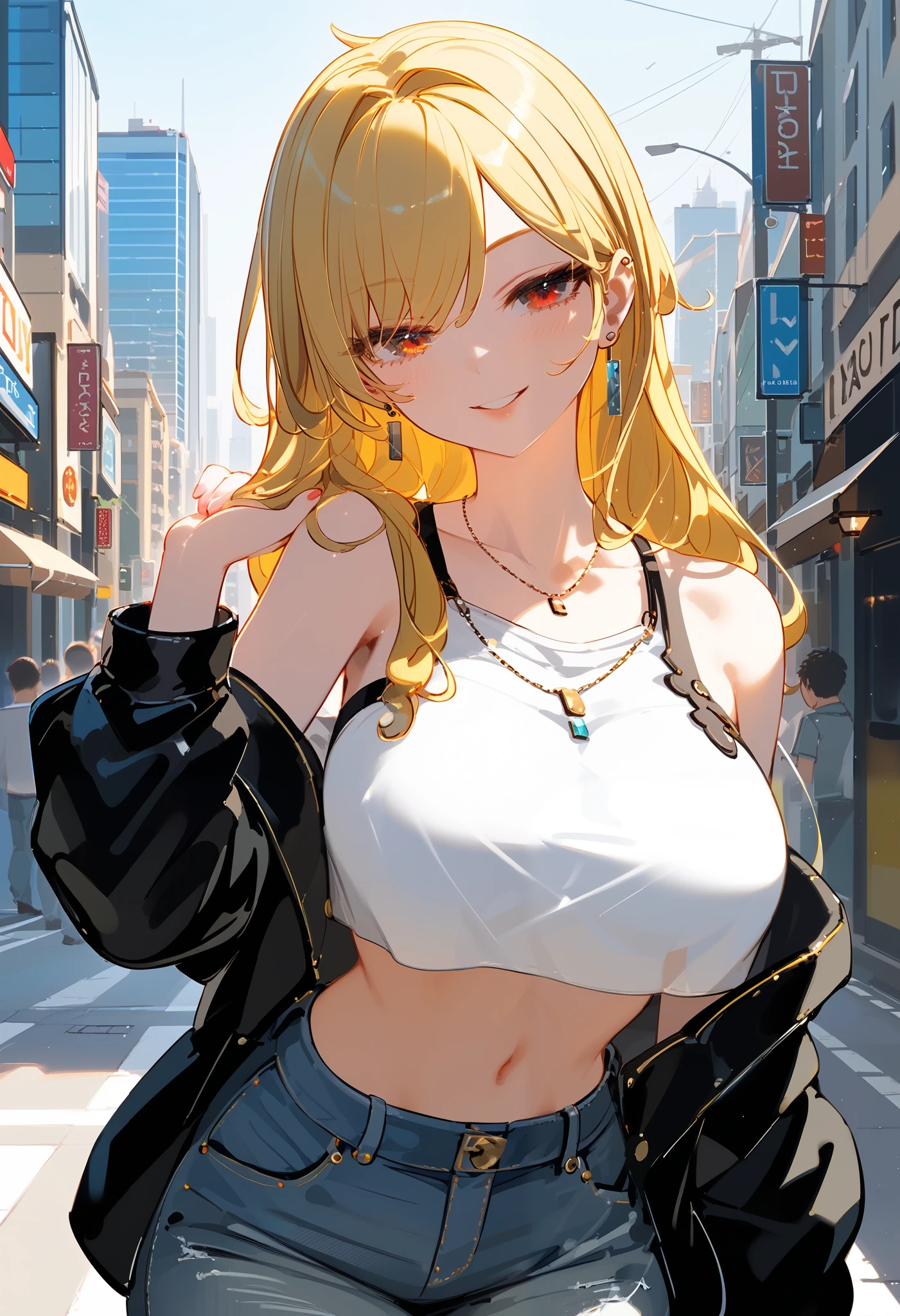 (masterpiece, highest quality),crop top, hot pants,off-shoulder jacket,jumpsuit Blonde, Beautiful adult woman,baggy jeans, full body, Big breasts, sexy, Seductive images, blonde white long hair, city street background, (ultra detailed), (close up shot), (candid shot), half body view