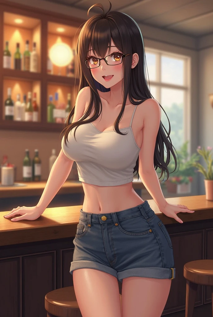 anegasaki nene、Shiny brown hair, short hair, (Beautiful brown eyes、Sparkling eyes, Fine grain)、smile、Ultra-detailed eyes、Highly detailed face, Highly detailed eyes,Cowboy Shot、



(masterpiece:1.2, Highest quality), Beautiful illustrations, Browsing Caution, View Audience, Cowboy Shot, Front view:0.8, 1 person，Baby Face，(short hair:1.5, Twin tails:1.7), Brown Hair, Brown eyes, Thick eyebrows， (Thin thighs), Beautiful Hair, Beautiful Face, Beautiful details, Beautiful clavicle, Beautiful breasts,Beautiful fingers, 
((summer , Black tank top:1.1, Denim hot pants:1.1, Glasses,  )), (Beautiful views), School, The wind is blowing, (erotic, sexy, Upward glance, かわいいsmile), Glowing Skin, Perfect Face, Cute and symmetrical face, Natural Side Lighting, Cinema Lighting)，Drink coffee，