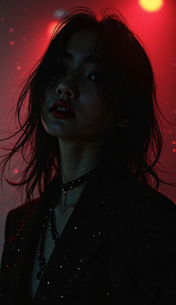 Close up singer rocker,in a silhouoete look,asian looking,hair gondrong ...