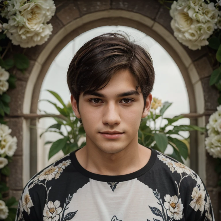 best quality,high resolution,hdr,ultra-detailed,realistic,portrait,detail description,professional lighting,fine art,boy in black t-shirt,black pants,white converse shoes,studded black earrings,round cheeks,medium-length hair,intense eyes,narrow nose,full lips,light shadow on face,leisurely standing in a garden with vibrant flowers and lush greenery,dappled sunlight streaming through the leaves,peaceful atmosphere,subtle color palette with warm tones,soft shadows accentuating facial features,dynamic pose that captures the boy's confident and relaxed demeanor,sharp focus on the boy's face to showcase his expressive eyes and charming smile,artistic brushstrokes adding texture and depth to the illustration nama andy