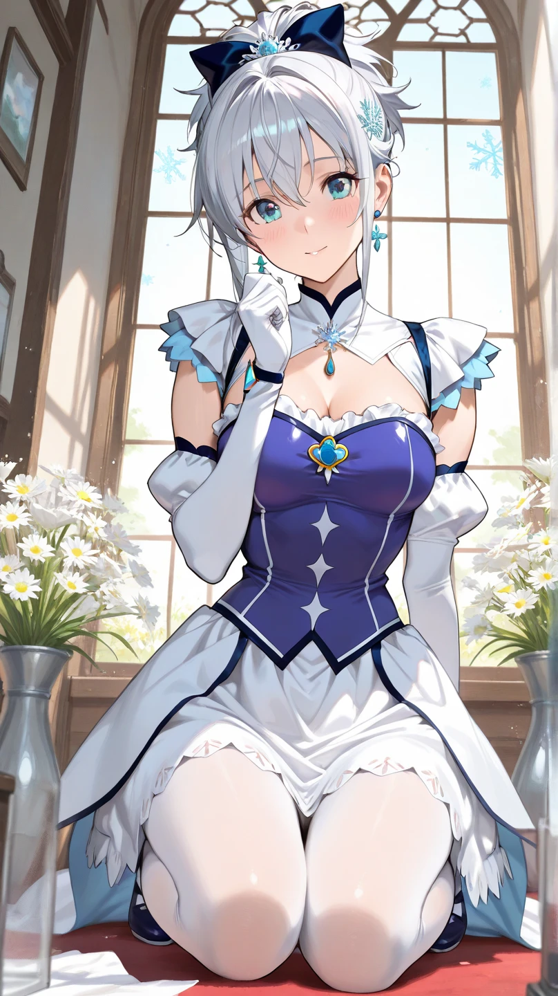 (Highest image quality),(A masterpiece),(Super meticulous),(Eye detail description:1.0),(lens flare glow:1.0),(filmposter:1.0),(Tarot border:1.0),The portrait is centered,(closeup cleavage:1.0),(Negative space:0.8),(Negative space:1.6),(独奏),(Photorealistic:1.4), (Masterpiece, side-lighting, fine detailed beautiful eyes: 1.2), Masterpiece*Portrait, Realistic, 3D face, Ganyu \(Genshin Impact\), 1girll, ahoge, architecture, By bangs,Bare shoulders,bell,black glove,Black tights,(blue hair),Blushlush,Beautiful breasts,Chinese knot,the sleeve,flower knot,mitts,cow horn,long whitr hair,middlebreast,Neckbells,the maid outfit:2.0,maid costume:2.0,happy laughing,Squinted eyes,gentleness,extremely shy:2.0,Be red in the face:2.0,Flowers,Admire the flowers,Flowers,Bright flowers,Rejoice,exhilarated,Holding flowers in hand,Smell the flowers,Not for the audience,having fun:2.0,grin:2.0,Face the bouquet,Shopping at the supermarket,Hold your arm,Shopping,