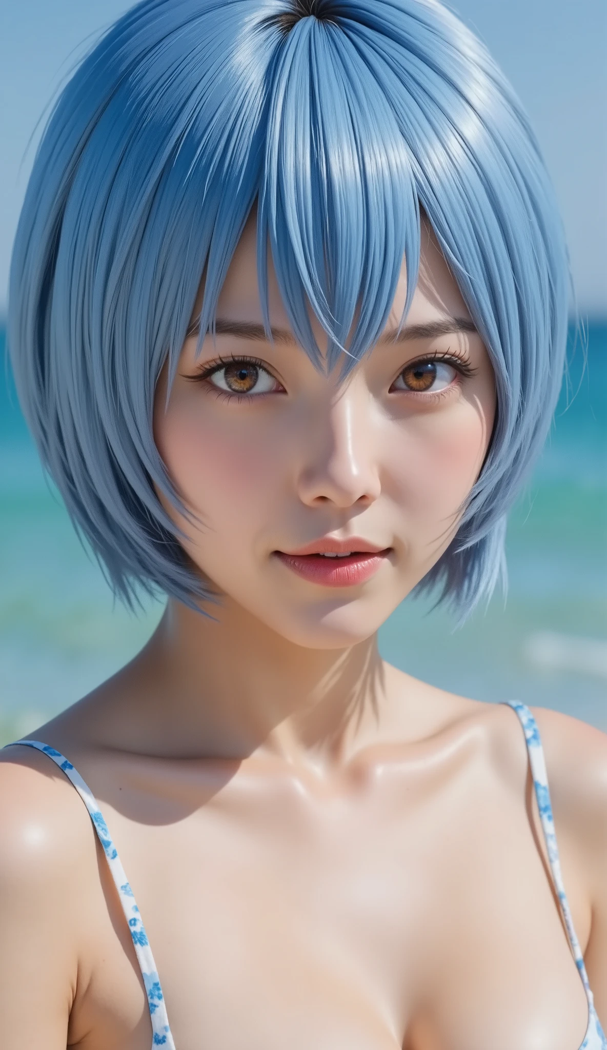 ((ultra-fine strapless micro bikini made of organza material:1.8))、((She has a round face:1.7))、((Live action Ayanami Rei :1.7))、((The layout of the picture is centered around the face:1.5))、1人のfemale、(( Beautiful Makeup ))、((Ayanami Rei with a blue short bob cut:1.7)), very cute, , age: 25,((Red Eyes:1.8))、魅力的で優雅なfemale、 Fine red eyes and skin 、blue hair, I'm expressionless looking at the camera ,PROFESSIONAL LIGHTING , break, (realistic, realistic:1.37), 8k, ( masterpiece), (Top Quality:1.4), ( Super Fine :1.2), (RAW photo:1.2), perfect anatomy, 4 fingers and thumbs , very detailed background , ( Unity 8k )、 Super Fine , (realistic: 1.4), RAW photo, Top Quality, ( photorealisticistic), small , Soft light, (( Japanese)), (Front , like々Funny face))), ( depth of field ), (strapless micro bikini with beautiful makeup), masterpiece, (photorealistic), female, Bangs, full body photo、
