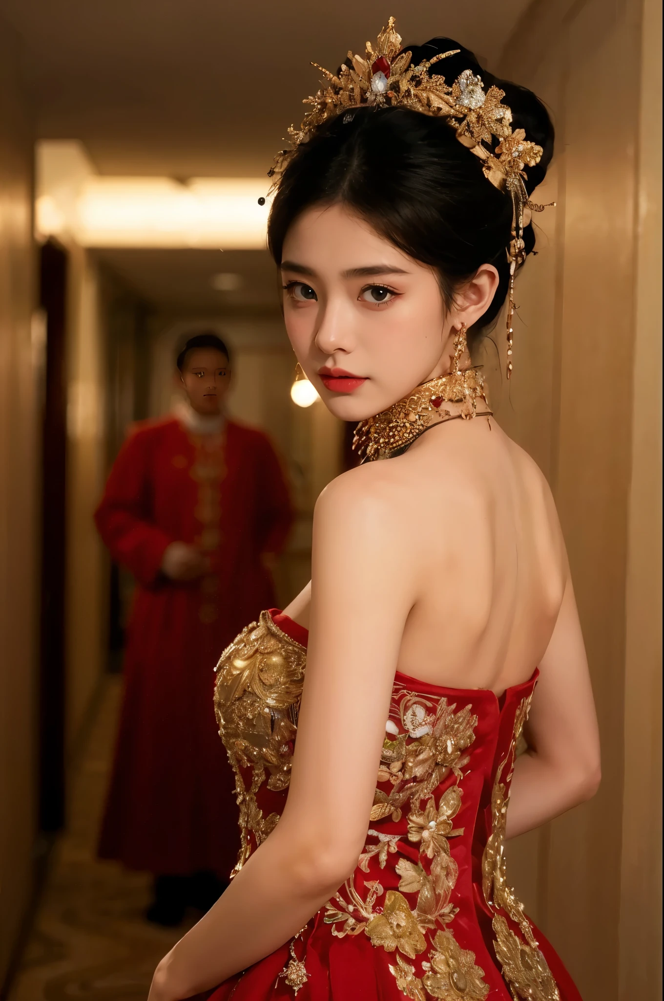 A close up of a woman in a red dress with a gold crown - SeaArt AI