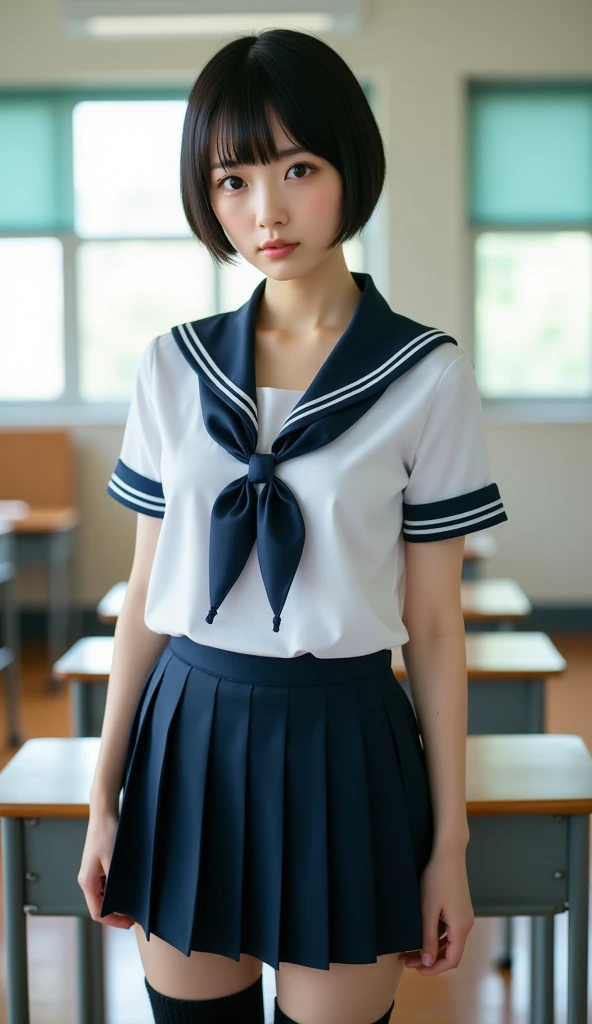 (Sillamäe:1.5), A slender, ​masterpiece, top-quality, Raw foto, Photorealsitic, faces, Incredibly absurd, beautiful a girl, cute little,Short messy hair, depth of fields, hight resolution, ultra-detailliert, finely detail, ighly detailed, extremely detailed eye and face, Sharp pupils, Realistic pupils, foco nítido, Cinematic lighting,Schoolgirl Uniform、White panties are visible from the skirt、Loose and large shirt、Shoulders are visible、Nipple bumps、20 years girl、Sheer white shirt、Navy blue ribbon at the collar、Dark blue pleated micro mini、Squatting and peeing、slightly lift the hem of the skirt with both hands,,,、Very embarrassed look、The face is bright red、Pointing your butt at the camera、Only the face is looking back at the camera、frombelow