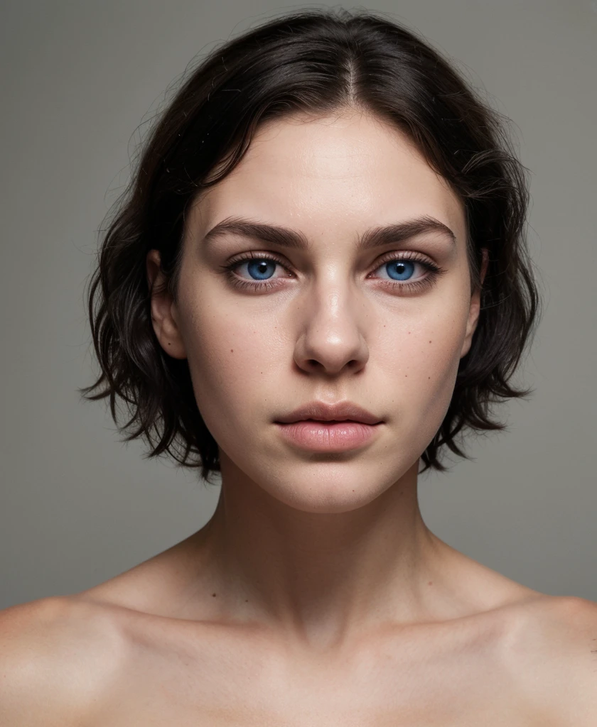 stunning portrait, ((25 years old beautiful woman)), (frightened face), (naked), (busty),( thin face) ((supermodel face)) expressive facial features. She's looking straight at the camera. (((bob brunette hair))) , ((dark blue eyes)), a captivating look and an alluring facial expression that allows a woman to be the center of the image. Please pay close attention to details such as highlights and shadows on her face and hair to create a realistic image. Looking directly into the camera, the final product should be a masterpiece that conveys the essence and beauty of a woman, ((highly detailed skin, skin details)), clear focus, volumetric fog, 8k UHD, SLR camera, high quality, film grain, Fujifilm XT3, ((focus on breast and face)), (cum on neckline)