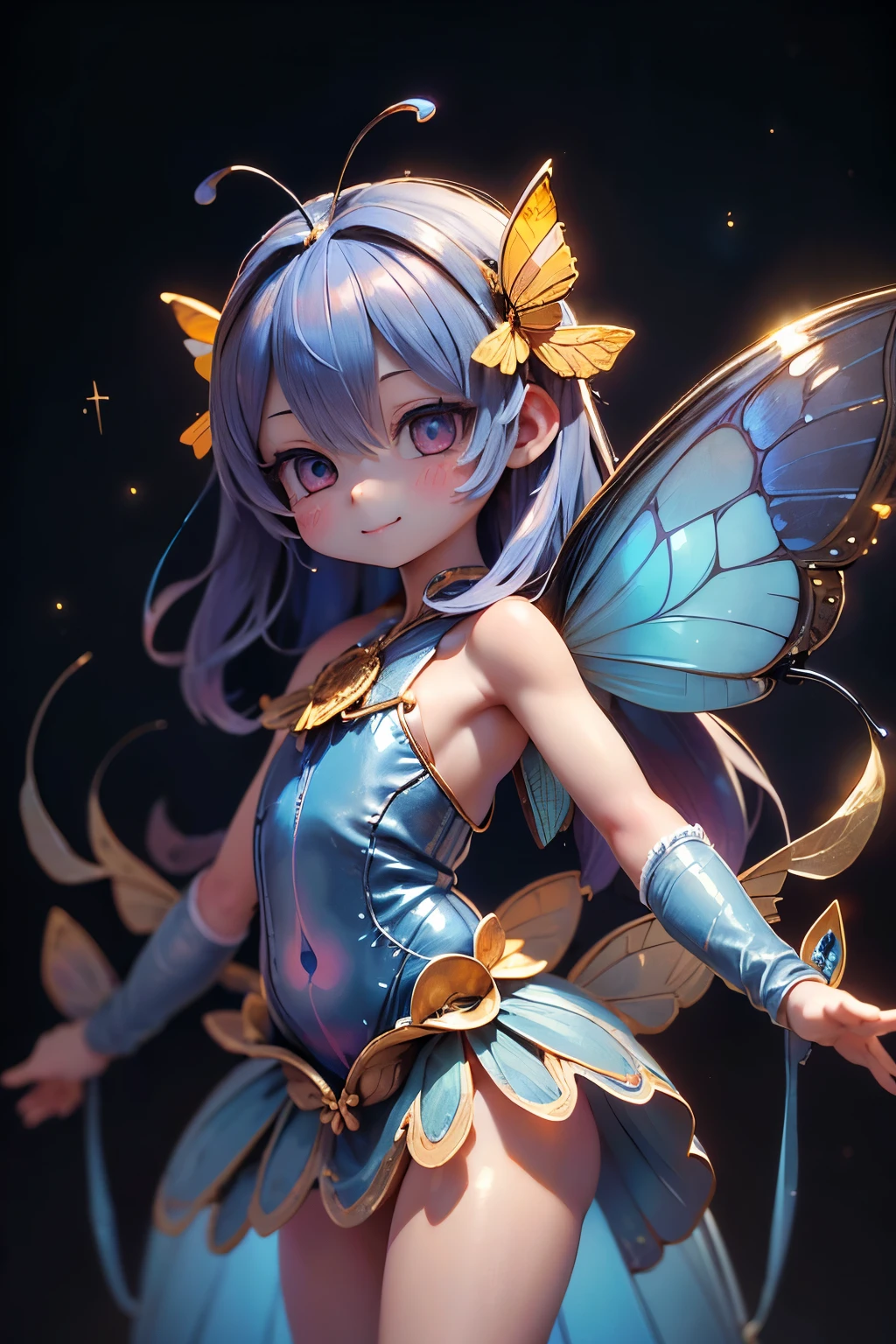 solo,1 Female\(cute, cute,small ,Skin color is white,(Poses like a ballerina:1.5),(eyes that shine like jewels shining in cobalt blue:2.5),(Highlights that sparkle in the eyes, reflected light:2.5),(The cobalt blue semi-long:1.2),(smiling:1.2),(has large morpho butterfly wings growing on its back:1.7),(Beautiful dress in holographic color:1.5),( beautiful race \),(2 butterfly antennae on the hair:1.2),big cute smile,[butterfly wings on the back:2.0],[Butterfly wings on the body:2.0],[Butterfly Wings:2.0],[Extra Arms],Butterfly Wingsは毛の部分にのみある\),(the background is a starry sky and blue moon:1.5),quality\(8k,very detailedCGユニットのwallpaper, masterpiece,high resolution,top-quality,top-quality real texture skin,surrealistic,increase resolution,RAW photo,最高のquality,very detailed,wallpaper, movie lights, Raytrace , golden ratio,\),face close-up,(face light:2.5),(Increase overall color saturation:2.5),(cowboy shot:1.5),