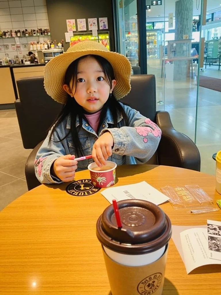 There was a little girl sitting at the table，Carrying a bowl of food, she is eating a peach, eating outside, she is easting a peach, ???, drinking a strawberry iced latte, Chinese girl, eating ice - cream, Eating, Young Asian girl, in a sidewalk cafe, Gamine, eating rotting fruit, kiddy big breasts, Handsome girl, delicacy --auto