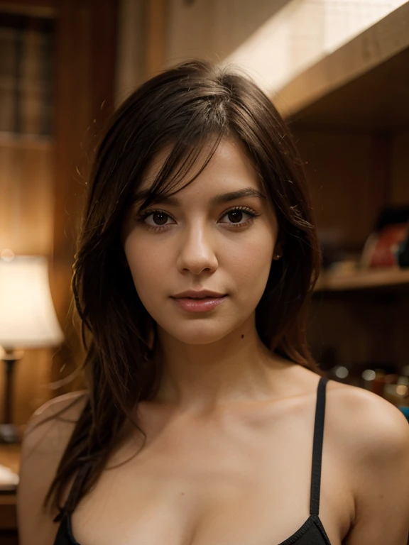 Generates face of a 27 year old woman with light brown skin, mirada seductora, cabello ondulado, medium brown eyes, Small nose, labios grandes y carnosos, small ears, con detalle de sombras, with sharp focus, fondo borroso, captada con un Fujifilm X-T4,85 mm F1. 2.