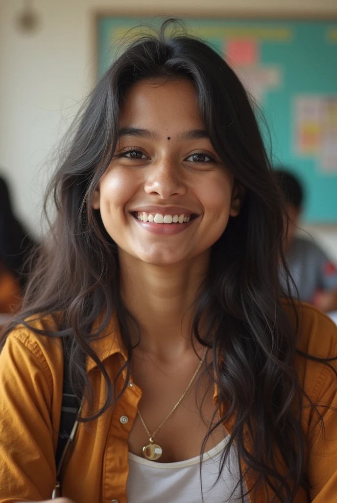 Describe in detail a high-quality image of a 19-year-old Latina girl living in Bogotá. Na imagem, A menina usa um sorriso, authentic expression in your room. Seus olhos verdes brilham com um charme especial. Ela usa uma roupa que destaca suas curvas, incluindo um decote que destaca seus seios generosos. Seu longo, cabelo sedoso cai elegantemente em seus ombros. The image captures the beauty and confidence of this young woman in her personal environment in Bogotá