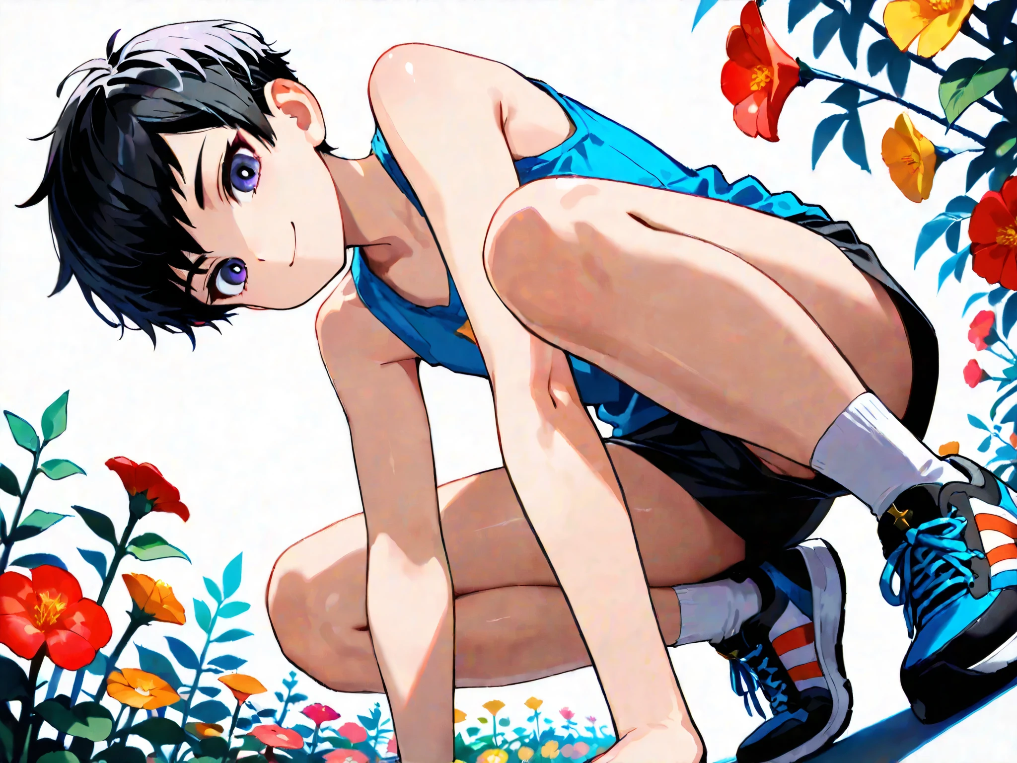 Young boy squatting next to lush plants, beautiful and many flowers and plants background, one young boy, solo, (), squatting, shiny dark black hair, ((pixie cut, very short hair)), dumb hair, faint smile, (dark cleos ), white socks, sneakers,BREAK, (detailed pupils, very detailed eyes), looking at viewer, tilting head, leaning forward, (legs spread), (thighs, slender thighs), (front view, low angle), bottom view, 8K, very detailed, (colorful, full color), (perfect anatomy, perfect hands), (perfect lighting, detailed shading),