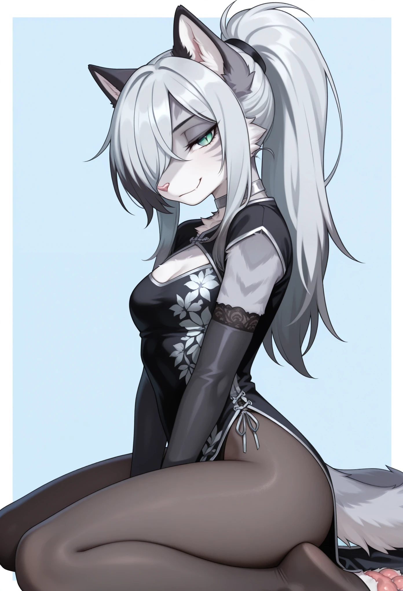 masterpiece, best quality, amazing quality, from side, furry, furry female, cat girl, aged up, wariza, half-closed eyes, smirk, looking at viewer, silver hair, long hair, ponytail, hair over one eye, bangs, teal eyes, slit pupils, gray fur, silver stripes, detailed fur, small ears, small breasts, pawpads, choker, black china dress, cleavage cutout, highleg dress, lace-trimmed elbow gloves, pantyhose, light blue background, white border, (anime screencap:1.1)