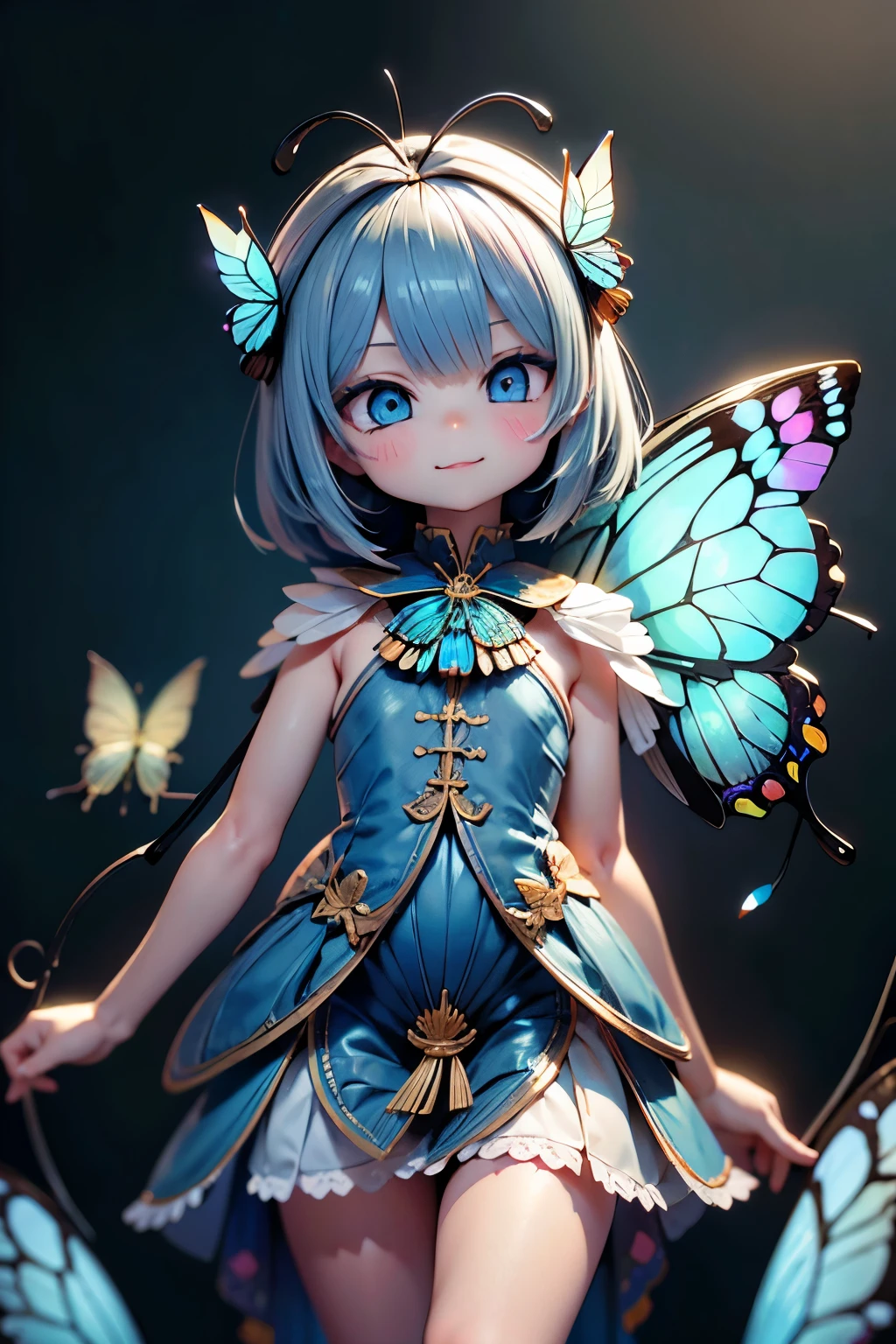 solo, female 1 person\(cute, cute,small ,Skin color is white,Light Blue Shortcut Hair,(smiling at the flag:1.2),(Big Morpho Butterfly Feather Hair:1.7),hologram colored dress\(  beautiful race  \),(Hologram Blue Eyes:1.5),(Two butterfly antennae on the hair:1.2),big cute smile,[ butterfly wings on the back  :2.0],[Butterfly wings on the body:2.0],[Imagine butterfly wings:2.0],[surplus arms],Imagine butterfly wingsは毛の部分にのみある\),background\( Dapple Sunlight ,  beautiful forest,\),quality\(8k,VERY WELL DETAILEDCGユニットのwallpaper, masterpiece,high resolution,top-quality,top-quality real texture skin,Surrealism,increase resolution,RAW photo,最高のquality,VERY WELL DETAILED,wallpaper,  movie light,  Raytrace  ,  golden ratio,\),close-up face
