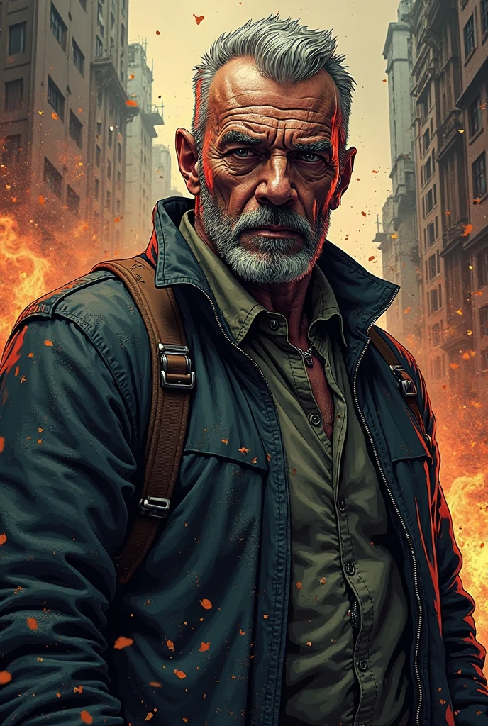 post-apocalypse, ruined city, soft lighting, Man, 40s, gray beard, eyeglasses, tactical trail clothing, backpack, woods