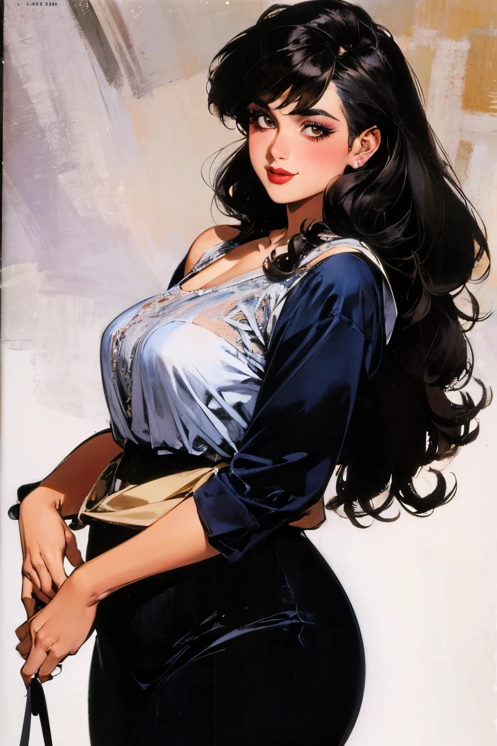 a beautiful female, long wavy black hair, brown eyes