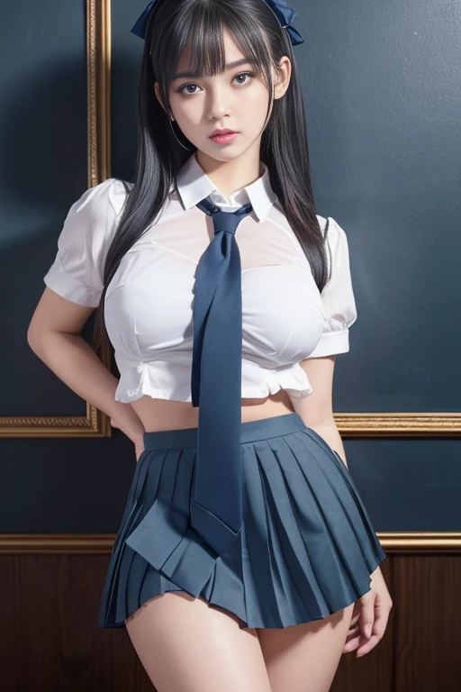 Highest quality、Ultra-high resolution、(Realistic)、18-year-old girl、((((school uniform open))))、((((I can see her nipples)))),Hyper Detail、Super Realistic、(Realistic)、More about beautiful skin、(masterpiece:1.0)、(Highest quality)、(Ultra-high resolution)、8K resolution、Canon EOS R5、135mm、Absurd、Very detailed、Sharp focus、Fine skin、(((Chirarizum)))