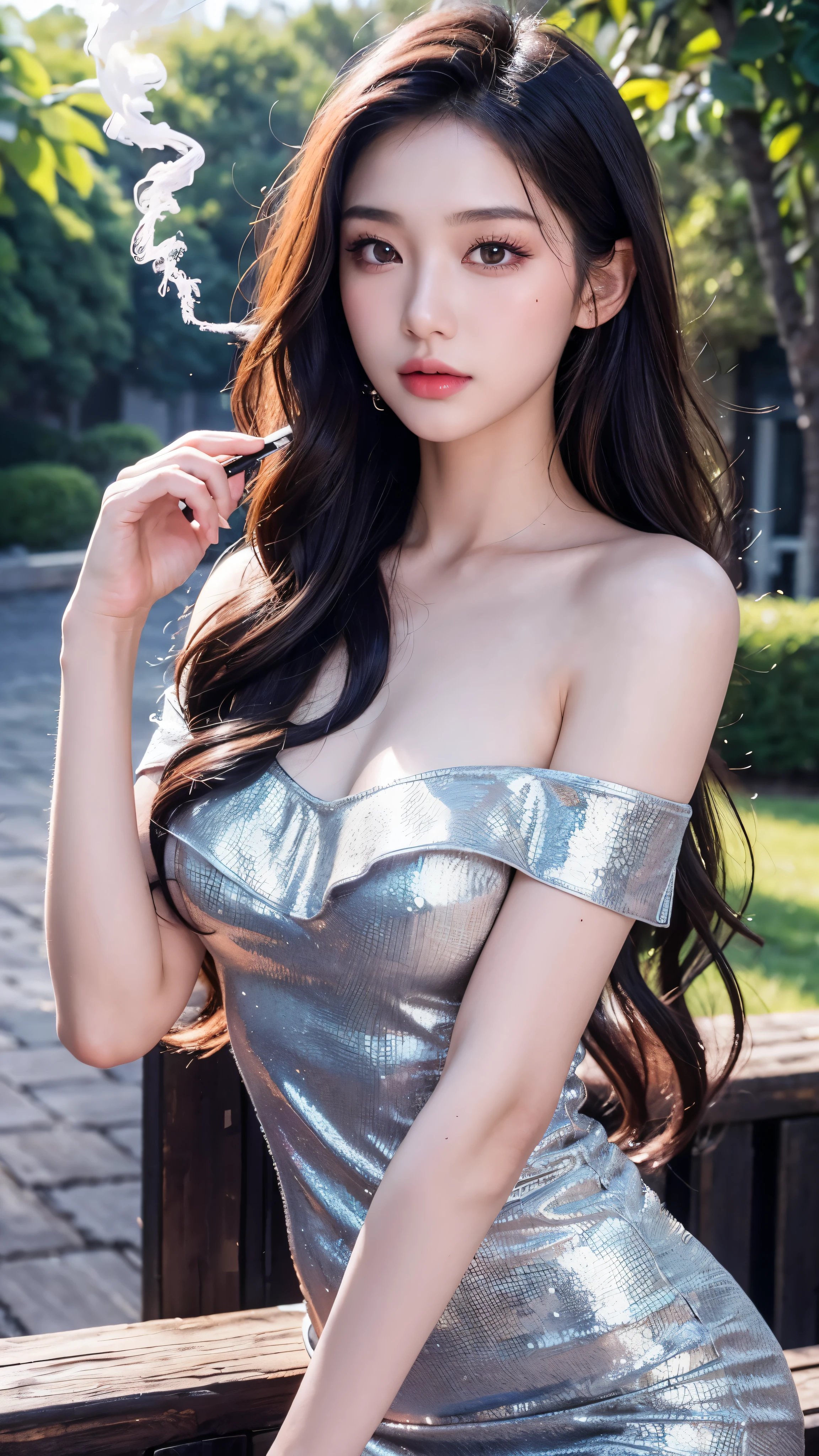 Tzuyu 1, woman, (Realistic), (Hyperrealism), (photoRealistic), Written boundary depth, eye make up:0.7 (whole body:1.8), (Large Bust),(Tight waist), Observe the audience,At the flower garden, Fashion Model, A sexy dress with open shoulders and neckline