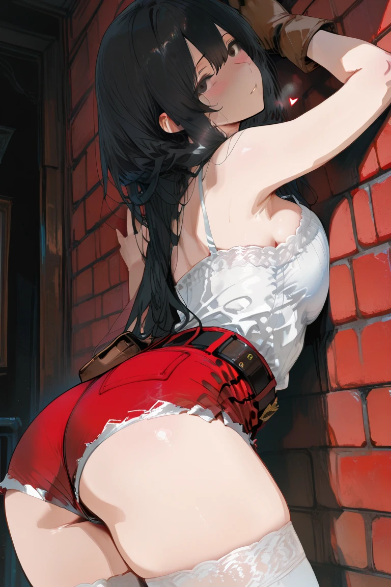 1female,25 age old,Large breasts,Pornographic exposure, solo,(Background with:ln the forest,the rainforest,In summer) with his long black hair,standing on your feet,Sweat profusely,drenched all over the body,seen from the front, curlies, mostly cloudy sky,(((tmasterpiece),(Very detailed CG unity 8K wallpaper),best qualtiy,cinmatic lighting,detailed back ground,beatiful detailed eyes,Bright pupils,(Very fine and beautiful),(Beautiful and detailed eye description),ultra - detailed,tmasterpiece,)),facing at camera,A high resolution,ultra - detailed),revealing breasts,Bare genitals, Bulge,Camel toes,Raised sexy,Flushed complexion,Open-mouthed,frontage,warrior(Wearing:Red loose shirt,Pantyhose)nakeness,high-heels
