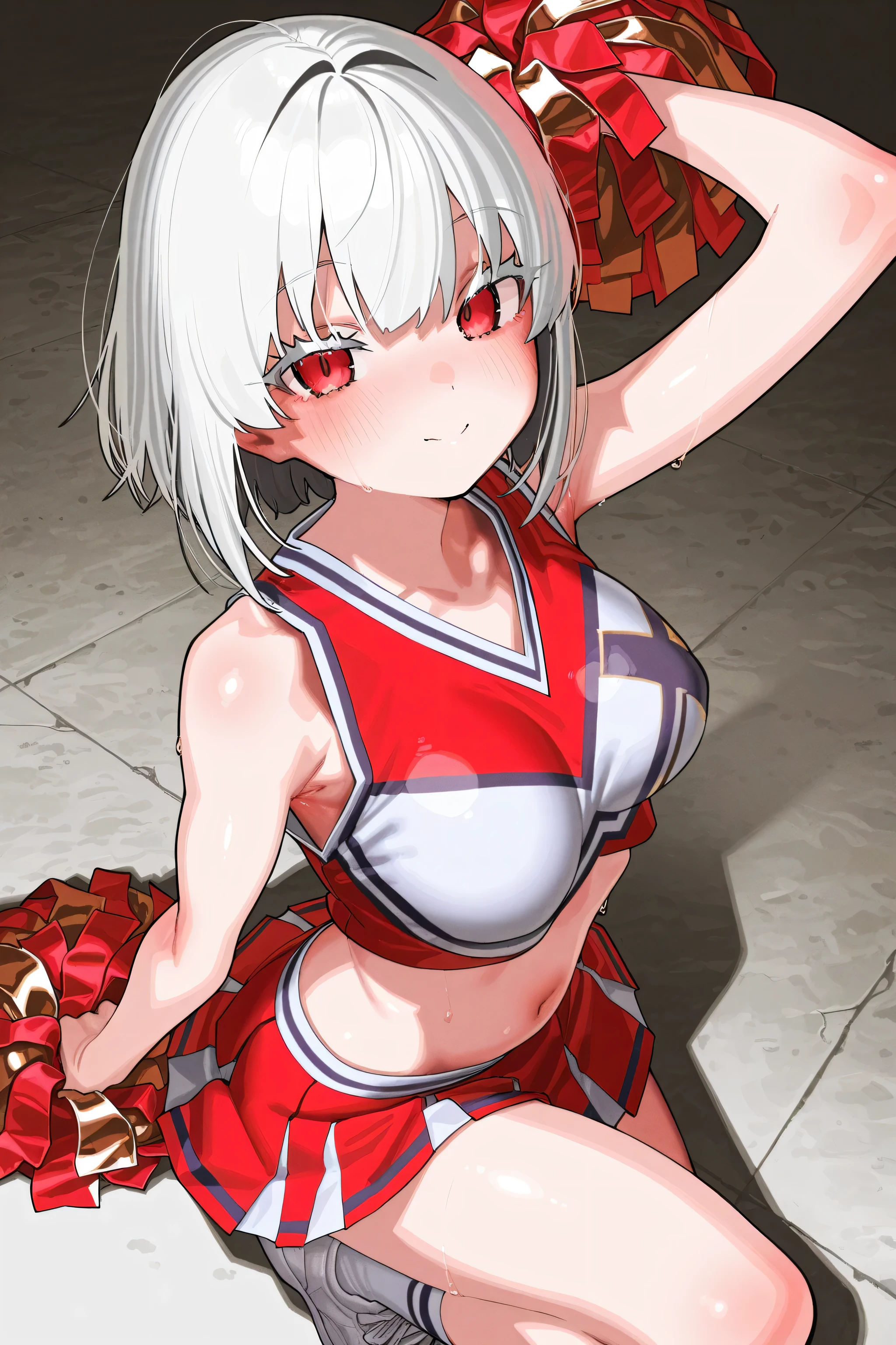 [artist:yoneyama mai], [artist:kanzarin], [artist: ekrea_jan], masterpiece,best quality,amazing quality, 748cmstyle, white hair, white eyelashes, red eyes, medium breasts, beautiful face, cheerleader
