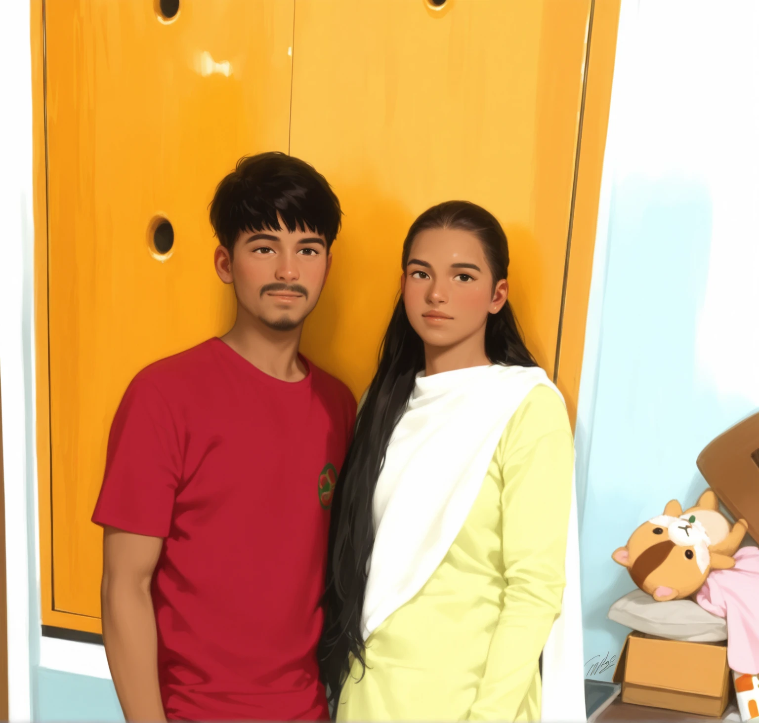 The man's shirt is light-black, his pants are black,his hair is wavy black and he has a watch on his left hand. The woman is wearing a light-purple dress, her hair is black, and she is wearing a watch on her right hand. Both are a couple. The color of the skin is Black. The floor is an old house indian cupple