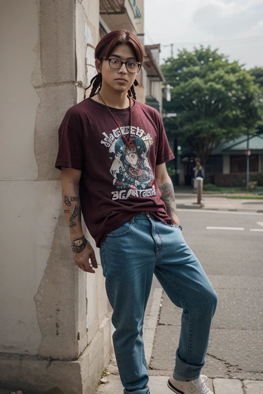 American native, warrior, dressed in blue urban clothes and demin jeans,