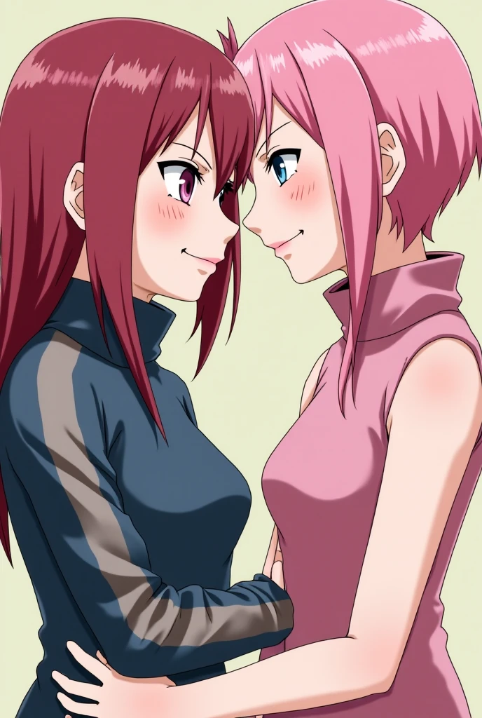 "(2 women kissing, Sakura Haruno kissing Ino Yamanaka (one has pink hair, the other has blond hair)), seductive teaching attire, sweat, training, small breasts, yuri:1.4, provocative, scene background with hyper details, Konoha village."