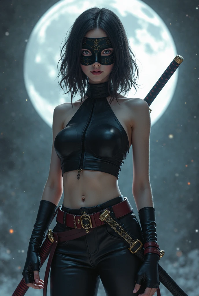 female Blade Vampire Killer,skin fade punk haircut,knife,cape,black leather trousers,naked to the waist,skinny,cleavage,action pose,dark crypt,sinister,smokey atmosphere,moonlight,moonlit face,realistic,cinematic