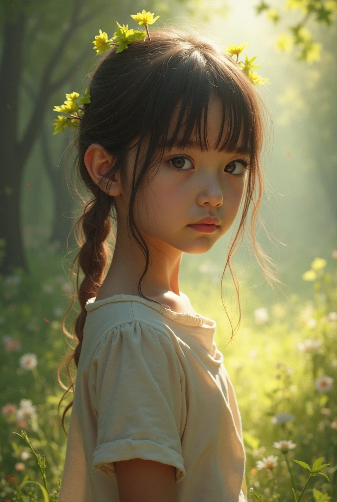 (best quality,4k,8k,highres,masterpiece:1.2),ultra-detailed,(realistic,photorealistic,photo-realistic:1.37),cute little girl,long light brown hair,children's book illustration style,with dress,sneakers,wandering through the forest,finds a mysterious burrow,beautiful detailed eyes,beautiful detailed lips,extremely detailed eyes and face,long eyelashes,playful expression,sunlight filtering through the trees,warm and soft color palette,enchanting lighting,magical atmosphere,hint of a hidden path,whispering leaves,gentle breeze,flora and fauna,friendly animals,curious birds,shimmering butterflies,singing birds,pristine nature,joyful laughter,captivating adventure.