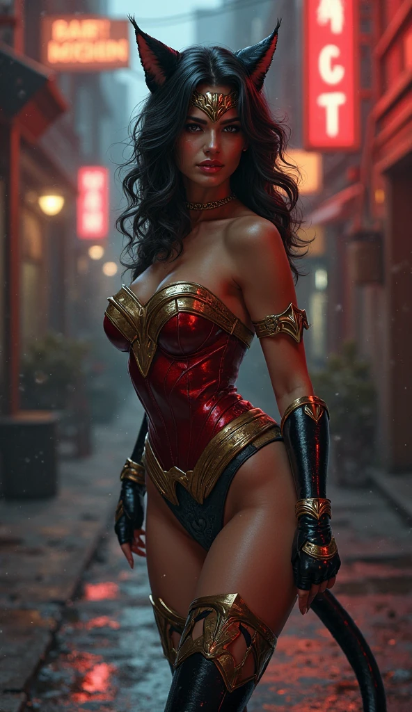 Full body shot sandy long black hair black eyes red lips muscular body big breasts slim thighs slim waist green and black leather pilot suit solo looking to the side floating weightless in space long curly breasted black hair falling over her shoulders 8k extreme detail