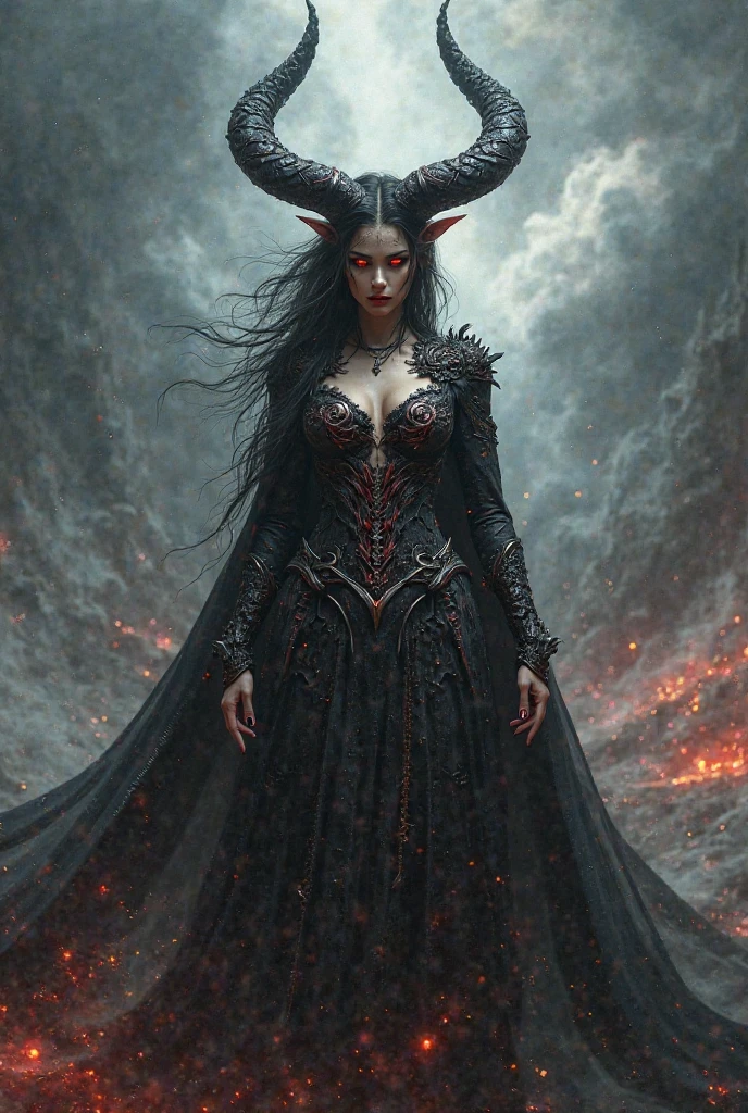 Goddess you of the Scorpion Abyss, master of shadows and hidden secrets. She rules transformation and rebirth, testing hearts with trials of power and loyalty. With horns shaped like scorpion stingers black eyes. Red and black and fire