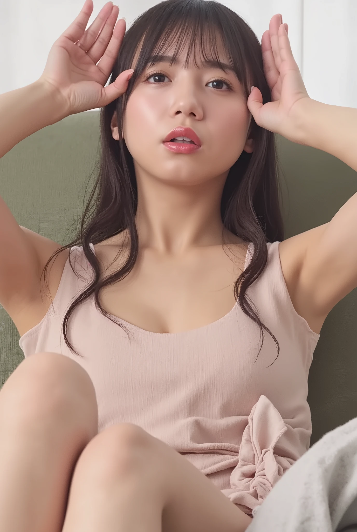 ((( high resolution,Top Quality, VERY WELL DETAILED, masterpiece , very detailed,realistic,real people,very detailedな肌))) ,strand,cloudy,( from before ), completely naked、naked、 pubic hair、かなり濃い pubic hairが見えます、B cup size side by side with naked men, viewers sit and ejaculate