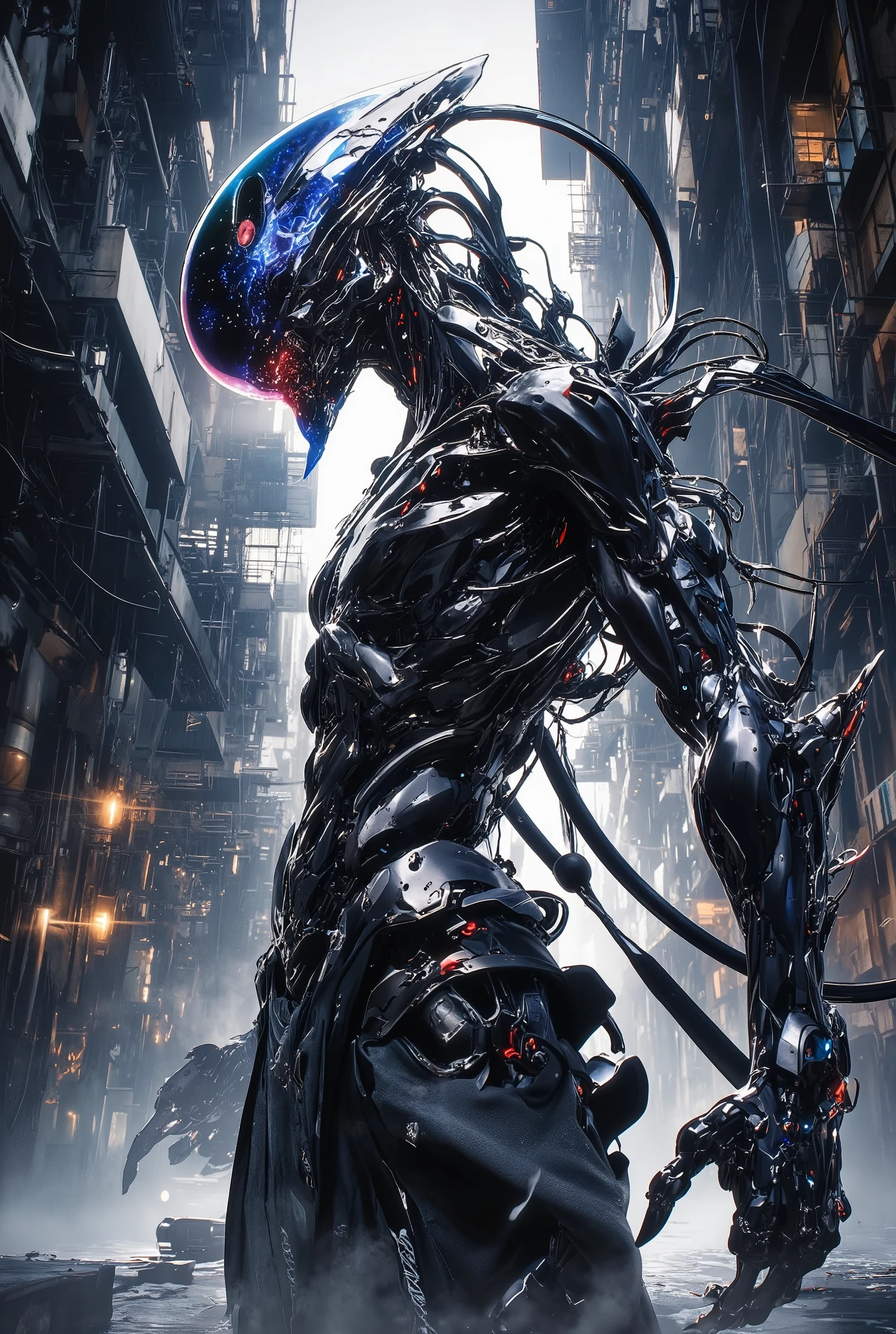 Cyberpunk anime, a stunning new generation cyborg robot without a face, the head is a visual auditory node, a faceless humanoid with a translucent reflective head resembling a helmet or mask, the head is a polished, iridescent translucent surface that reflects and refracts light, demonstrating a fascinating combination of colors, including deep blue and shades of red, which suggests the idea of combining nebulae and cosmic phenomena, the body is aerodynamic, androgynous, improved design, invulnerable, made of lightweight super durable carbon fiber, it is super-ergonomic, beautiful, a concept model on trial, makes its way through urban alleys, in the setting of a large surreal city,dynamic movement pose, complex architecture, a lot of finely detailed details, elements and objects, the rain has just ended, the sun is peeking out from behind the clouds, long light rays fall on the cyborg body, wet, steam, evaporation, reflection, glare, interesting silhouette, shot from the ground, linear oblique perspective, color perspective, tonal perspective, conceptual digital art, surreal art, highest detail, stylization, watercolor, ink, acrylic