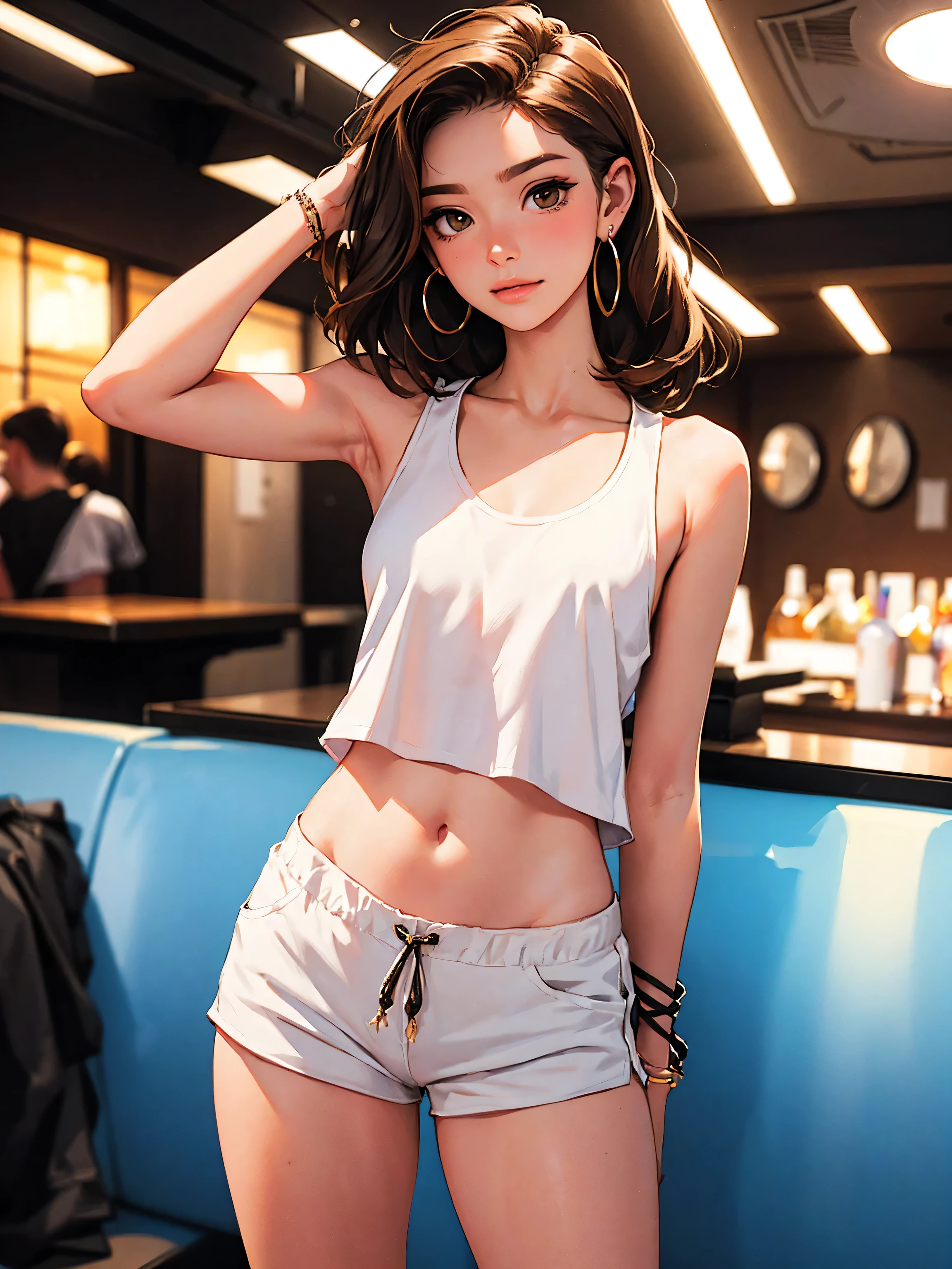 ( Masterpiece), top quality, expressive eyes, perfect face, nightclub background ), ( standing), ( smirking ), ( Closeup View ), ( 1 girl, Blair Ivory, , brown hair, wave hairstyles, brown eyes, ほっそりとしたbody型, thin body, skinny body, small_body, medium , thighs, long nails, , white shorts, tank top, Drawstring strap, hoop earrings , Miscellaneous Gems , slutty)), Slim Hips