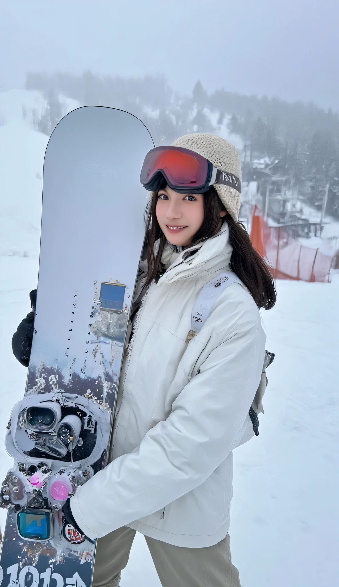 1 woman、high resolution, masterpiece, anatomically correct, 最high quality of wavy lines, high detail, high quality of wavy lines, Ultra Fine, textured skin, Hair, smiles,photo quality, Aperture F2.8,Ski resort、 Snow Mountain 、Snowboarder、Ski wear holding a snowboard with both arms、with a lift on the back、knitted cap with hidden face、Ski goggles on the head、Japanese woman、20th Generation、 waist up 、Slopes