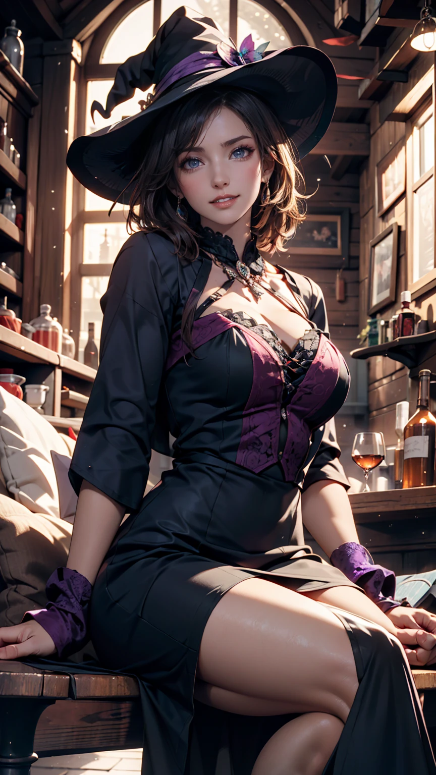 MadMoxxy, 1girl, breasts, solo, cleavage, blue eyes, large breasts, hat, top hat, gloves, makeup, fingerless gloves, lipstick, choker, brown hair, hand on hip, long hair, looking at viewer, lips, tattoo, mini hat, leaning forward