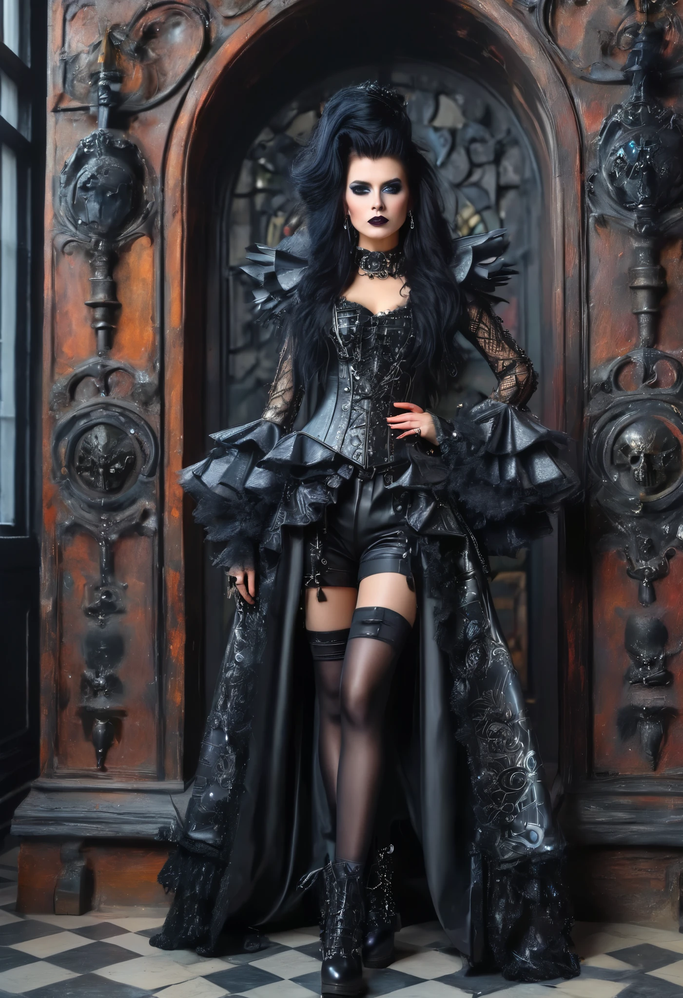 full body Woman in rococo punk costume wearing rococo punk outfit, black long hair, black eyes, black lipstick lips,g rococo punk fantasy style, (rock punk), rock punk beautiful goddess, rock punk girl, rock punk inventor girl, metal rock punk, Set in a rock punk world, dark rock punk concept
