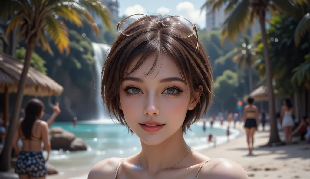 ((Realistic lighting, highest quality, 8k, masterpiece: 1.3)), Clear focus: 1.2, One Girl, Perfect beauty: 1.4, Slim Abs: 1.1, ((Dark brown hair)), Take off your clothey chest is sticking out、 Poolside, Very beautiful face, Beautiful Eyes, double eyelid,smile、Big Breasts、Cleavage