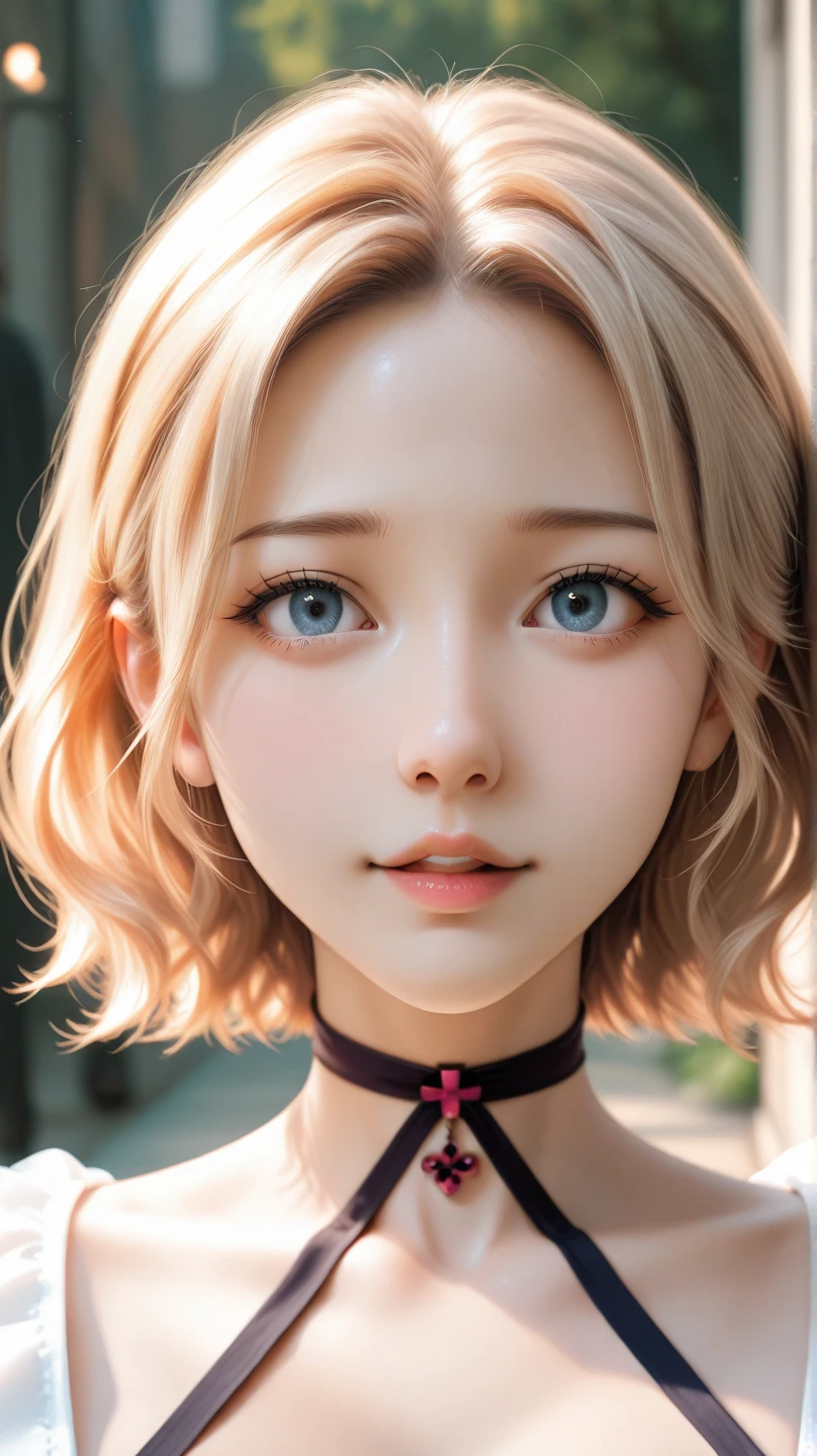 Masterpiece,best quality,solo, 1 beautiful Japanese girl,25 year old,(sparkling black eyes,round eyes, droopy eyes, large eyes),(pale skin),(light chestnut-colored hair,soft and fluffy hair,very short hair,short except for bangs and sideburns:1.5),(smile gently, sexy smile:1.2),(big breasts:1.2),