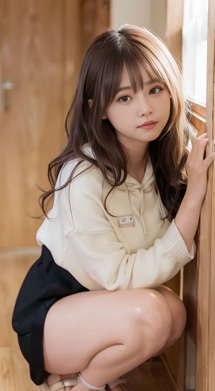 Savage young girl, with long wavy brunette hair, poncho
