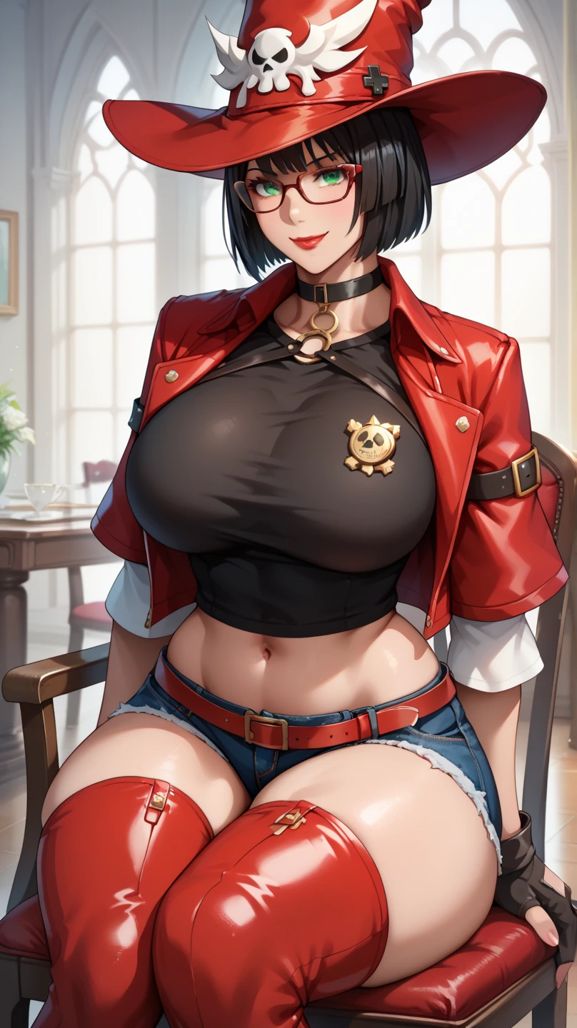 ((Marnie)), portrait, smiling, voluptuous, cleavage, black hair, wavy hair, gray croptop, black jacket, blue jeans, midriff, mature adult, cowboy shot, large breasts, collarbone,
