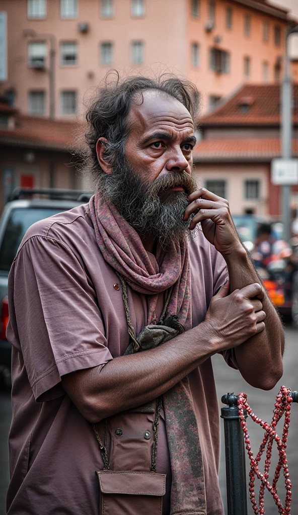 Young Iranian man, age 25, Scrawny, tabby, bearded and very hairy man in dirty, stained, dirty white shorts, sitting on the floor of a bus terminal, with his right hand raised asking a man for money.