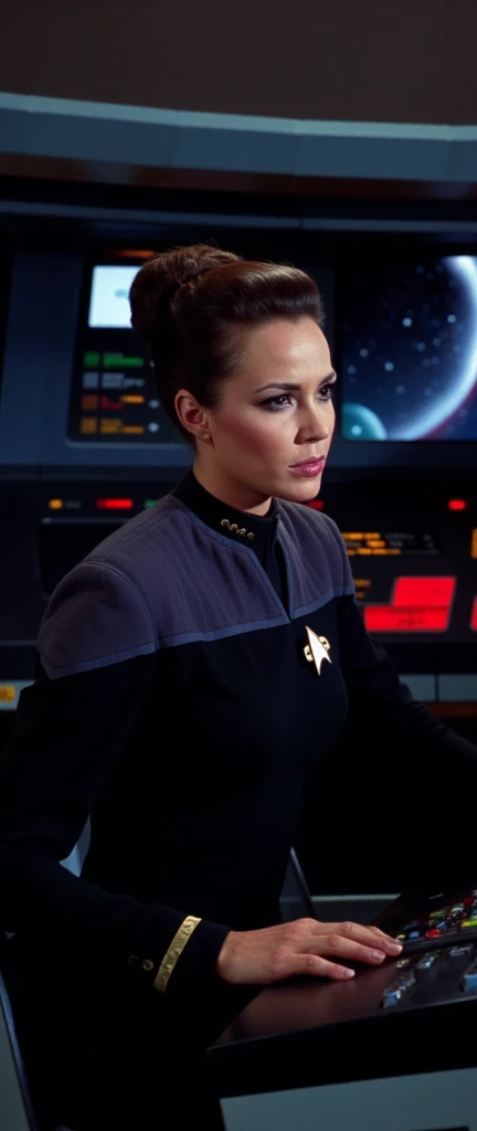 ltyr in blue s3stngunf,enterprise bridge,professional photograph of a stunning woman detailed, sharp focus, dramatic, award winning, cinematic lighting, octane render, unreal engine, volumetrics dtx, (film grain, bokeh, blurry foreground, blurry background)