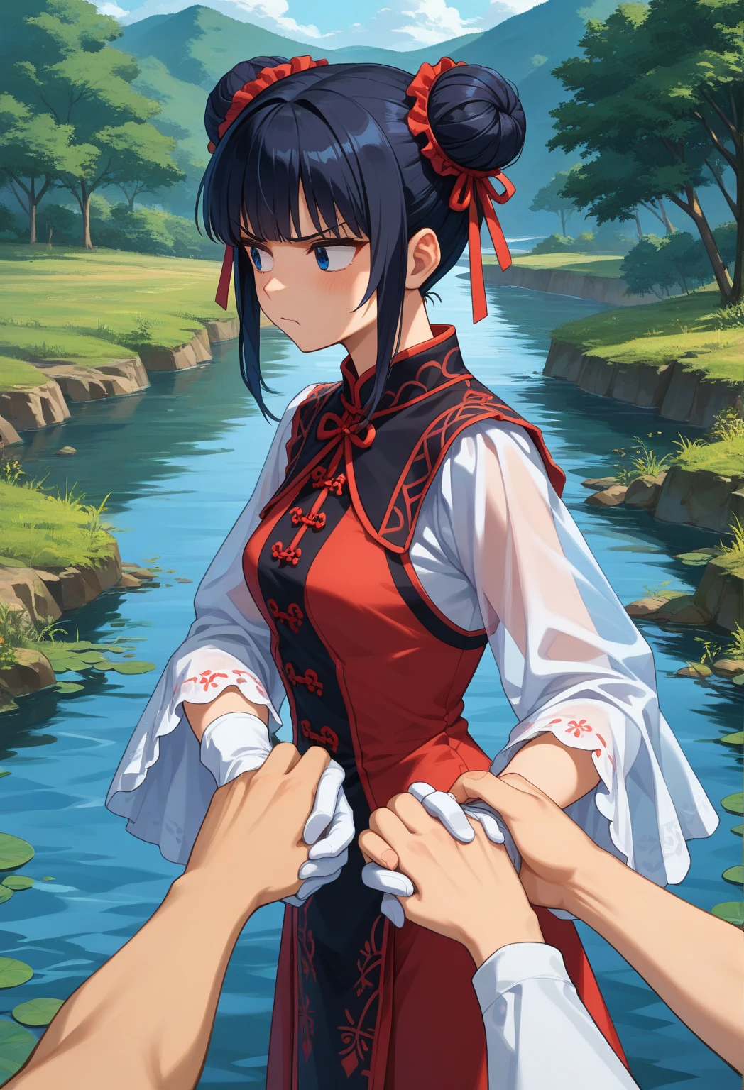 A tragic historical drama in 8k live-action style: Beautiful palace secrets Beautiful 10 year old Chinese Kung Fu Princess with long black hair is forced to hold the Emperor's penis Breast milk overflows from the nipples Gorgeous embroidery, Ultra glossy, She is wearing a shiny red top and bottom long sleeve floral pajama kung fu suit.... She looks distressed