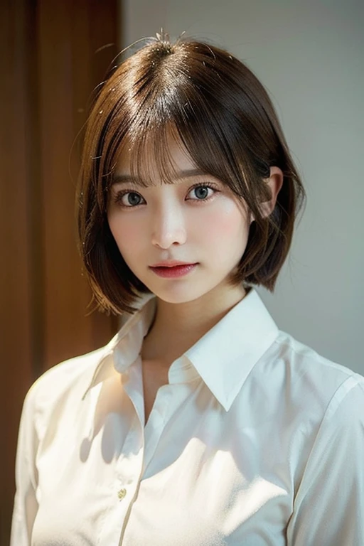 (1girl), (best quality), (masterpiece), (high resolution), (intricate details), (photorealistic), (cinematic light), <lora:short_hair:0.3>
solo, realistic, short hair, brown hair, looking at viewer, smile, shirt, brown eyes, piercing, upper body, teeth, white shirt