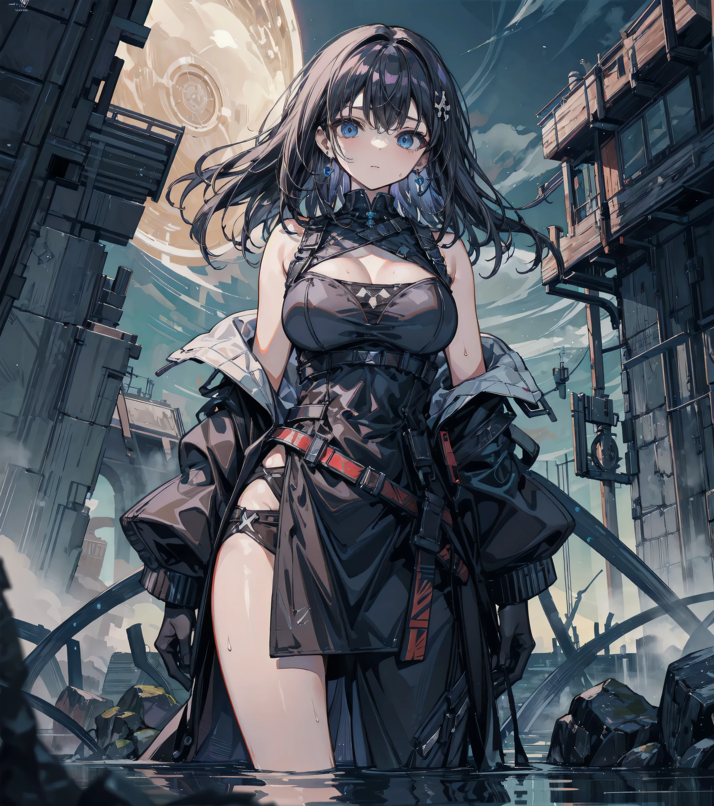 (8k), (hyper detailed), (ultra quality), (masterpiece), (anime), (detailed machine), (beautiful girl), (beautiful background), (beautiful body), petite, small breast, slim legs, silky black hair, extra long hair, voluminous hair, detailed beautiful purple eyes,cape, fusion robot, (mechanical armored),