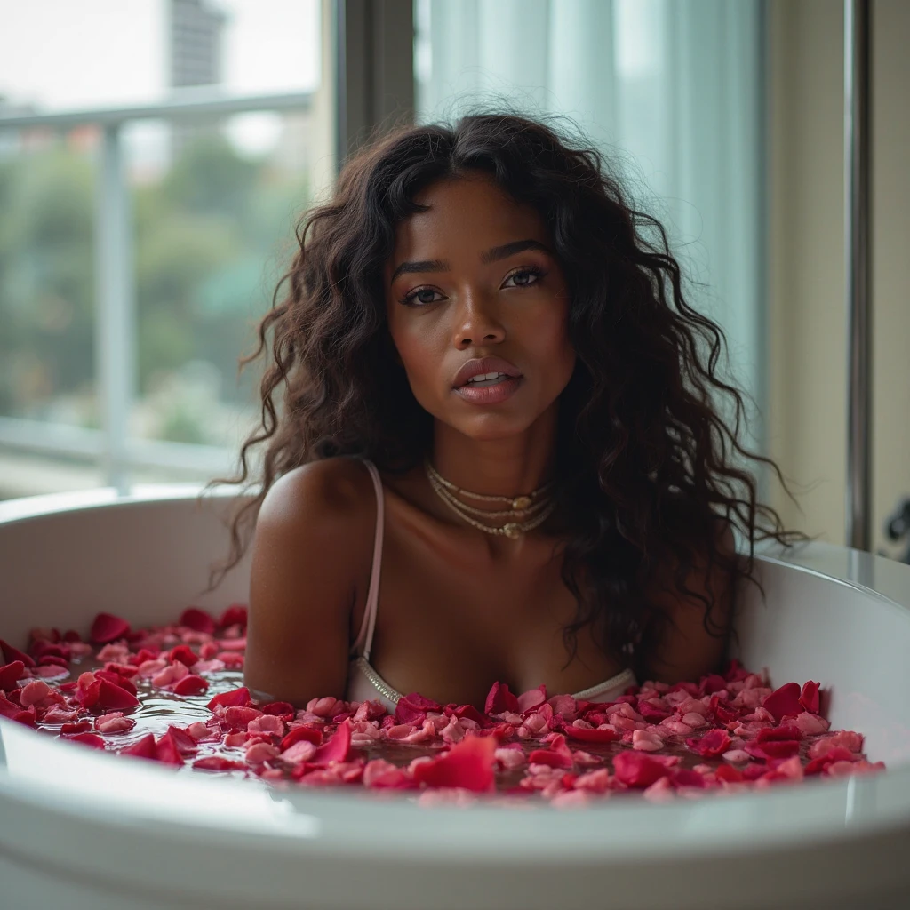 A Brazilian woman with light dark skin, with voluminous curly hair in a beautiful hotel bathtub, only wearing a sexy bra and panties, with a close-up capturing the harmonious beauty between her breasts and water, showing off your natural charm and outgoing personality.