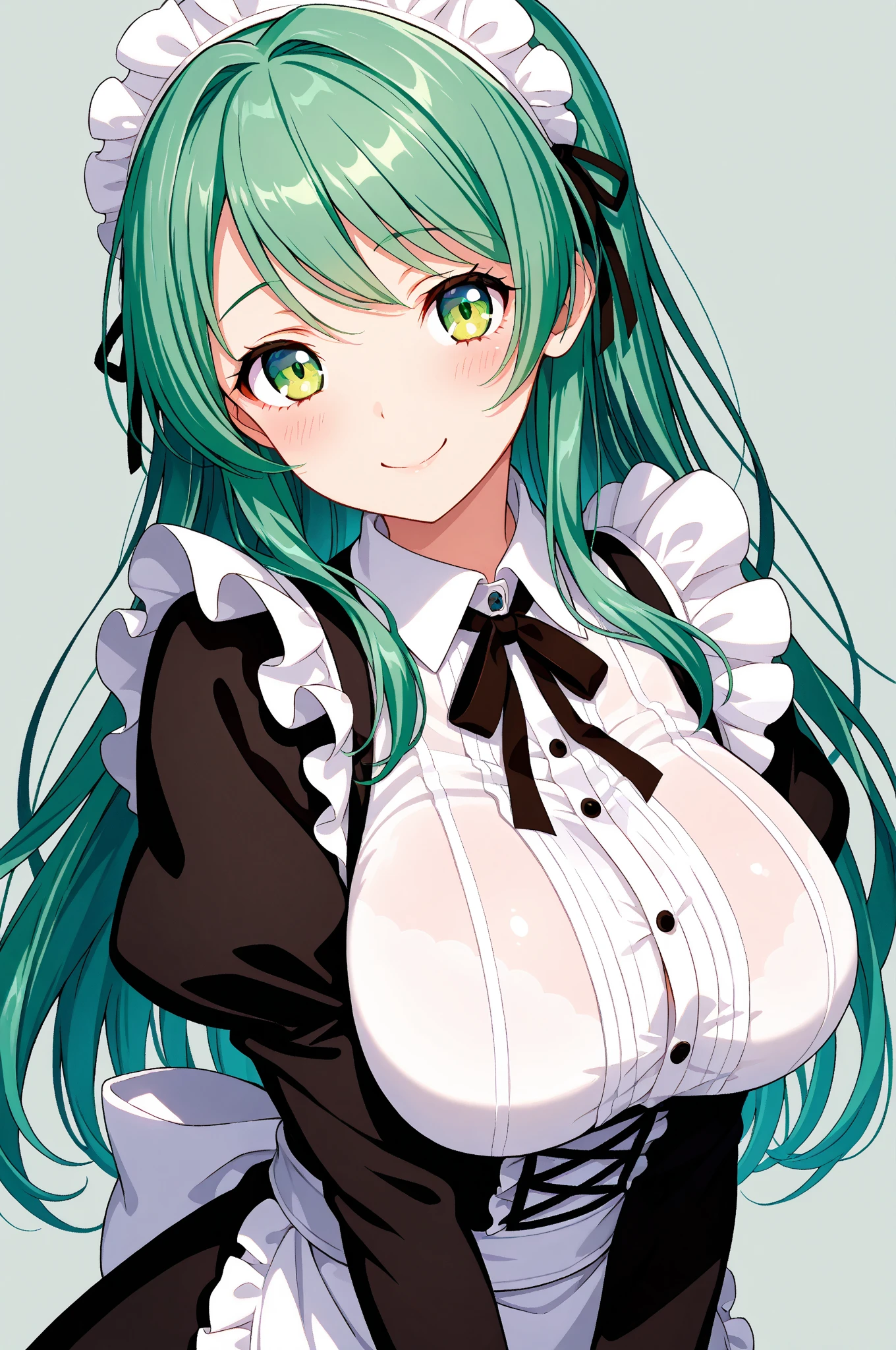 A woman, green hair, skirt, maid, maid headdress, black socks, towering over you, pov, looking down at you, smirk